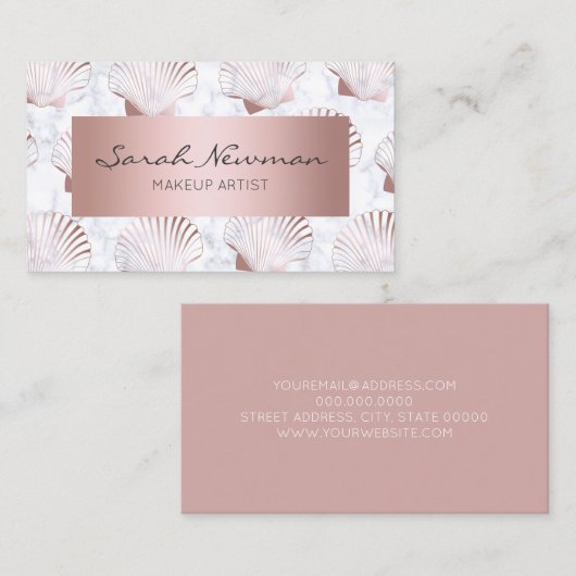 ガーリーなばら色の金ゴールドの貝殻パターン及び白い大理石 名刺 (正面/裏面)