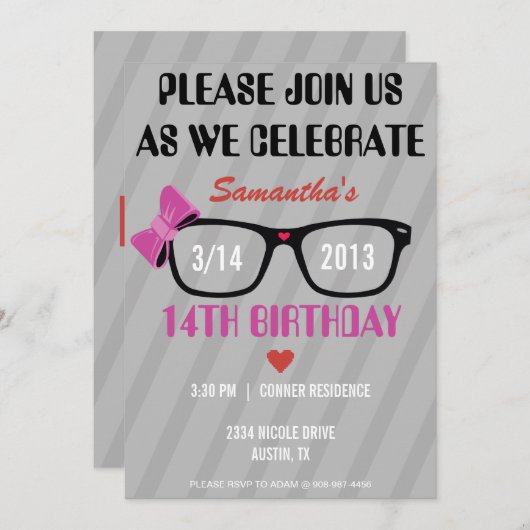 ガーリーなギークのガラス及びハートの誕生日の招待状 招待状 (正面/裏面)