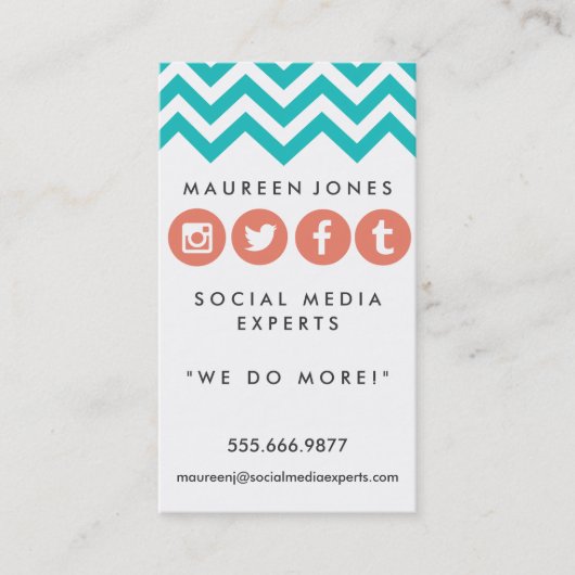 ガーリーなシェブロンのティール(緑がかった色)およびモモ社会的な媒体カード 名刺 (正面)