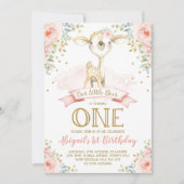 ガーリーなシカの第1誕生日の赤面の金ゴールドの花柄の森林 招待状 (正面)