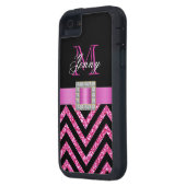 ガーリーなショッキングピンクの黒のシェブロンのグリッター Case-Mate iPhoneケース (裏面左)