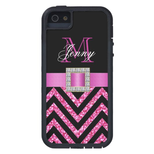 ガーリーなショッキングピンクの黒のシェブロンのグリッター Case-Mate iPhoneケース (裏面)