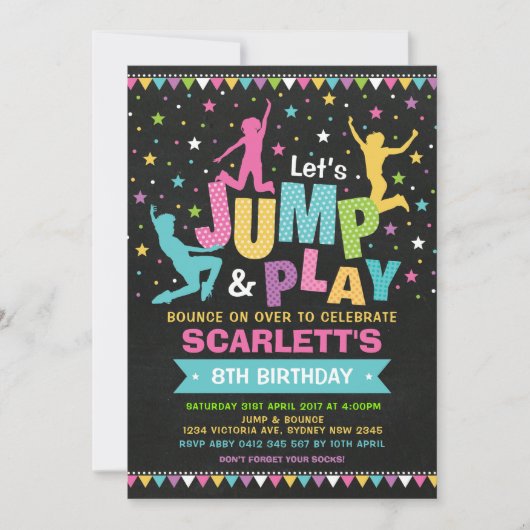 ガーリーなジャンプの誕生会の跳ね上がりの家のトランポリン 招待状 (正面)