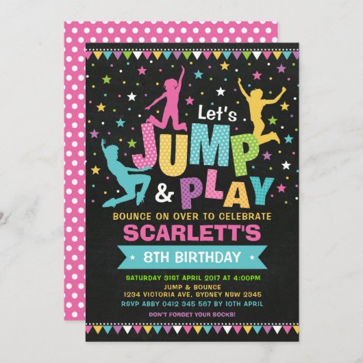 ガーリーなジャンプの誕生会の跳ね上がりの家のトランポリン 招待状 (正面/裏面)