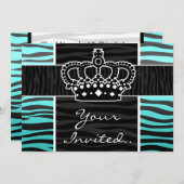 ガーリーなターコイズおよび黒いシマウマのプリントの王冠 招待状 (正面/裏面)