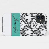 ガーリーなターコイズの黒のダマスク織あなたの名前 Case-Mate iPhoneケース (裏面(横))