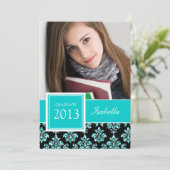 ガーリーなターコイズグリッター ダマスク 卒業写真 招待状 (スタンド正面)