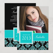 ガーリーなターコイズグリッター ダマスク 卒業写真 招待状 (正面/裏面)