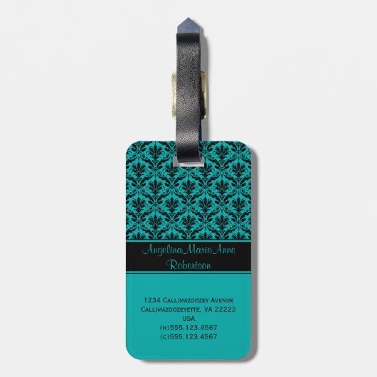 ガーリーなティール(緑がかった色)の黒のダマスク織の荷物のラベル ラゲッジタグ (裏面縦)