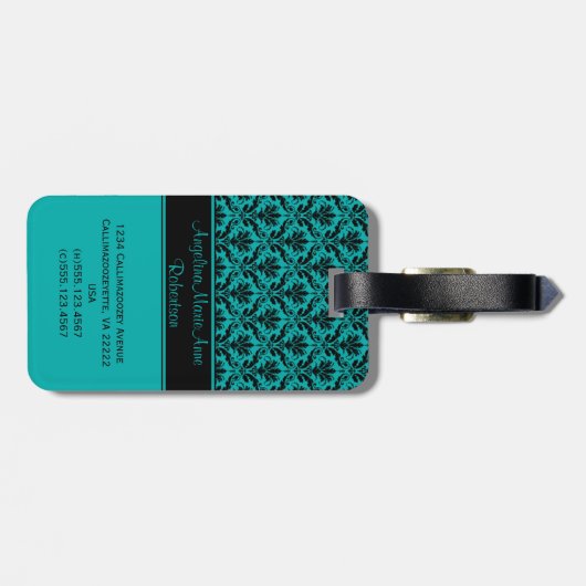 ガーリーなティール(緑がかった色)の黒のダマスク織の荷物のラベル ラゲッジタグ (裏面横)