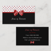 ガーリーなハートおよび水玉模様の赤のリボン 名刺 (正面/裏面)