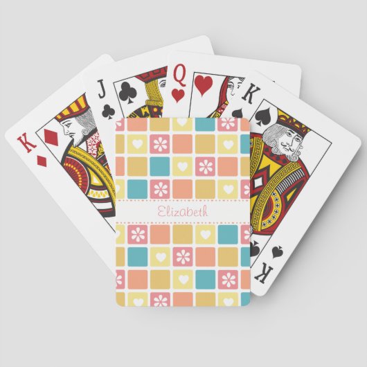 ガーリーなハートの正方形パターンレトロのデイジーの花 トランプ (裏面)