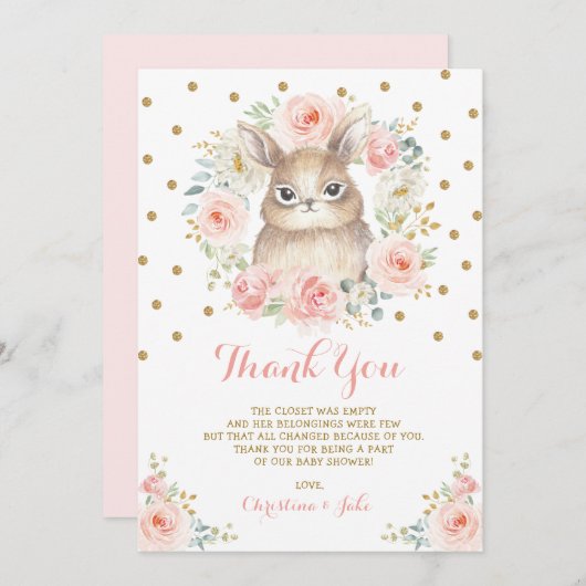 ガーリーなバニーの赤面のピンクの金ゴールドの花のベビーシャワー サンキューカード (正面/裏面)