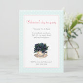 ガーリーなバレンタインデーのお茶会のピンクの青い水玉模様 招待状 (スタンド正面)