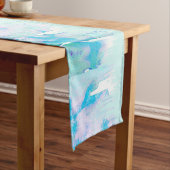 ガーリーなパステル調のティール(緑がかった色)および青い水彩画のペンキの滴り ショートテーブルランナー (インサイチュ)