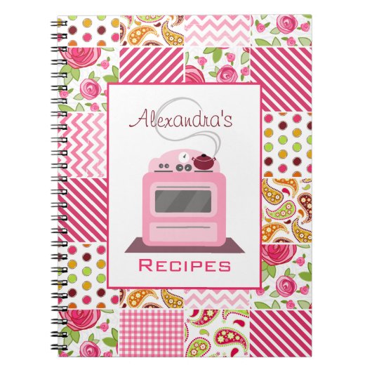 ガーリーなパッチワーク及びレトロのストーブのレシピのノート ノートブック (正面)