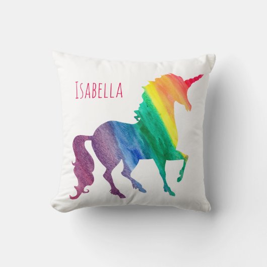 ガーリーなパーソナライズでクールな虹のユニコーンの水彩画 クッション (正面)