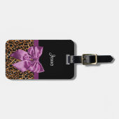 ガーリーなヒョウのプリントのエレガントな紫色の弓および名前 ラゲッジタグ (正面横)