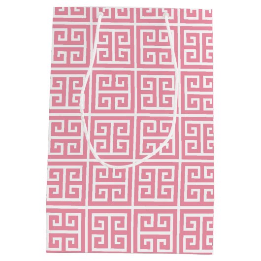 ガーリーなピンクおよび白いギリシャ人の鍵 ミディアムペーパーバッグ (裏面)