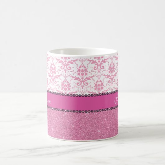 ガーリーなピンクおよび白いダマスク織、ピンクのグリッターの名前 コーヒーマグカップ (中央)