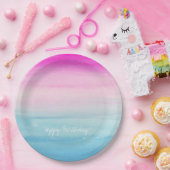 ガーリーなピンクおよび青い水彩画グラデーションな|の誕生日 ペーパープレート (パーティー)