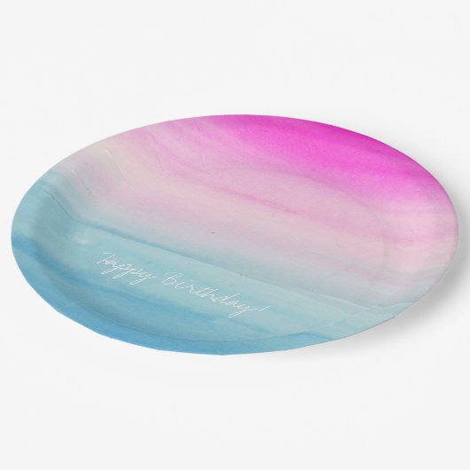 ガーリーなピンクおよび青い水彩画グラデーションな|の誕生日 ペーパープレート (アングル)