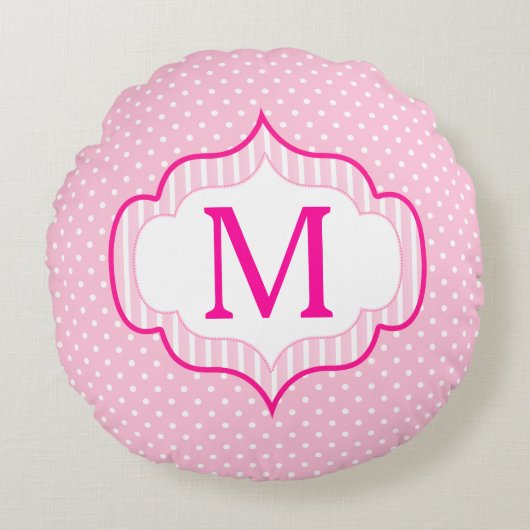 ガーリーなピンクのカスタムなモノグラムの水玉模様パターン ラウンドクッション (正面)