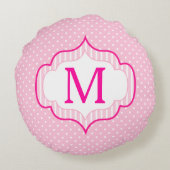 ガーリーなピンクのカスタムなモノグラムの水玉模様パターン ラウンドクッション (裏面)