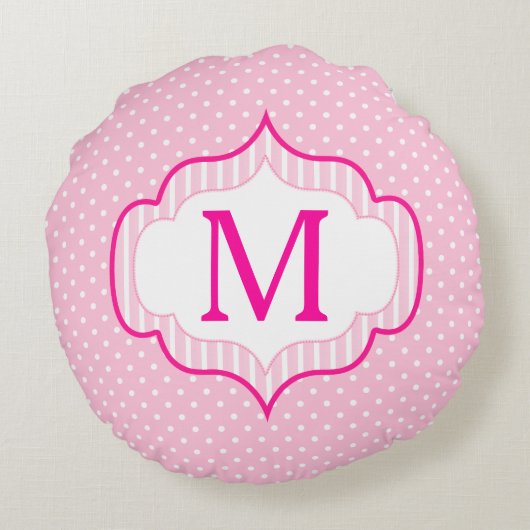 ガーリーなピンクのカスタムなモノグラムの水玉模様パターン ラウンドクッション (裏面)