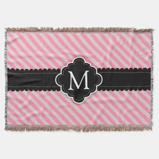 ガーリーなピンクのストライプパターン黒のカスタムのモノグラム スローブランケット (正面)