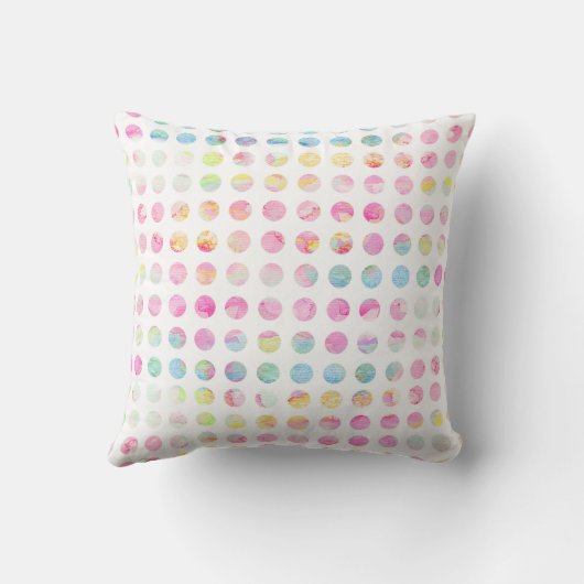 ガーリーなピンクのティール(緑がかった色)の青い水彩画の水玉模様パターン クッション (裏面)