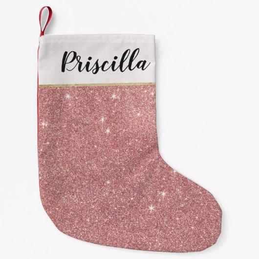 ガーリーなピンクのバラの金ゴールドのシックでフェイクなグリッターパターン スモールクリスマスストッキング (正面)