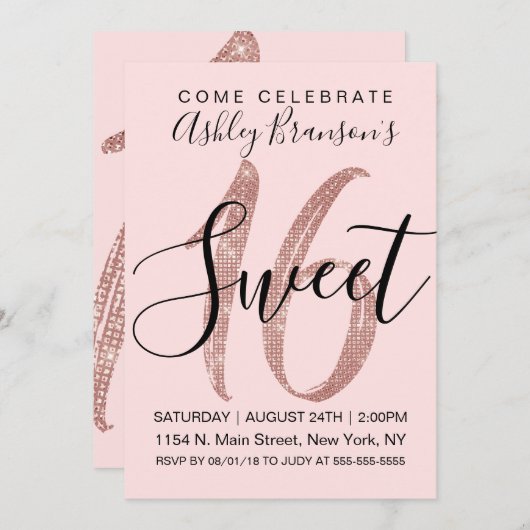 ガーリーなピンクのバラの金ゴールドのスパンコールのグリッターの菓子16 招待状 (正面/裏面)