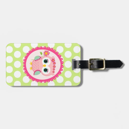ガーリーなピンクのフクロウの花の春の緑の水玉模様 ラゲッジタグ (正面横)
