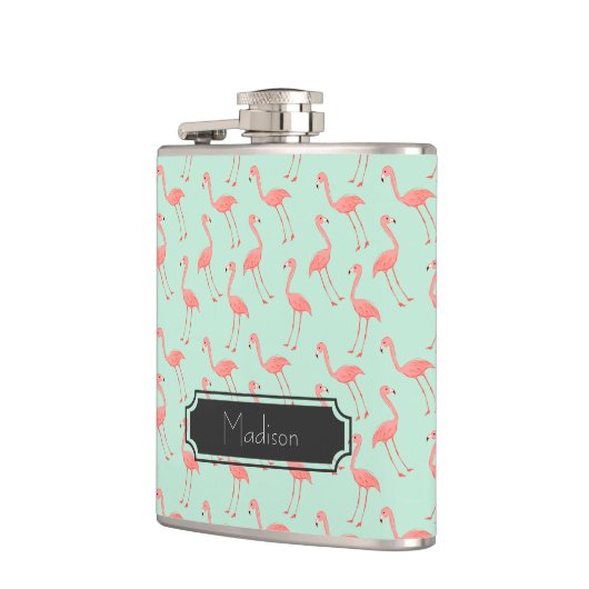 ガーリーなピンクのフラミンゴパターン|はあなたの名前を加えます フラスク (左)
