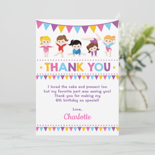 ガーリーなピンクの体操の誕生日の体育館のパーティー サンキューカード (スタンド正面)