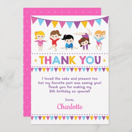 ガーリーなピンクの体操の誕生日の体育館のパーティー サンキューカード (正面/裏面)