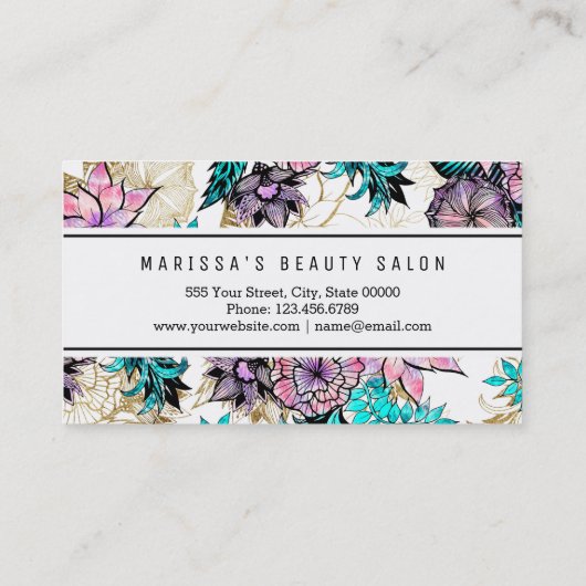 ガーリーなピンクの金ゴールドの花のイラストレーションの水彩画 名刺 (裏面)