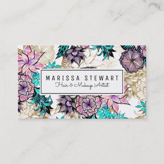 ガーリーなピンクの金ゴールドの花のイラストレーションの水彩画 名刺 (正面)