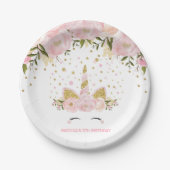 ガーリーなピンクの金ゴールドの花のユニコーンの誕生会 ペーパープレート (正面)