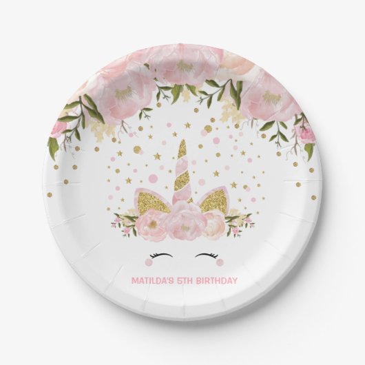 ガーリーなピンクの金ゴールドの花のユニコーンの誕生会 ペーパープレート (正面)