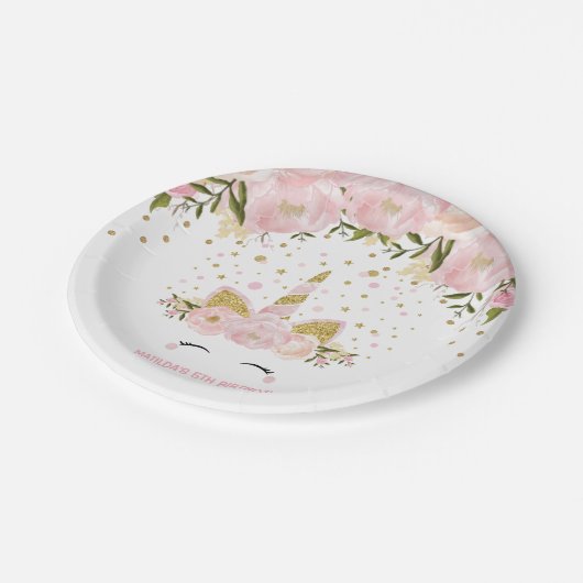 ガーリーなピンクの金ゴールドの花のユニコーンの誕生会 ペーパープレート (アングル)