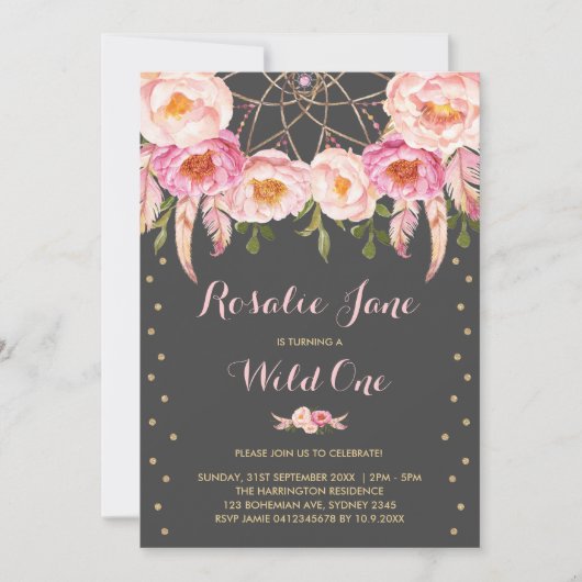 ガーリーなピンクの金ゴールドのDreamcatcherの野生の1つの第1誕生日 招待状 (正面)