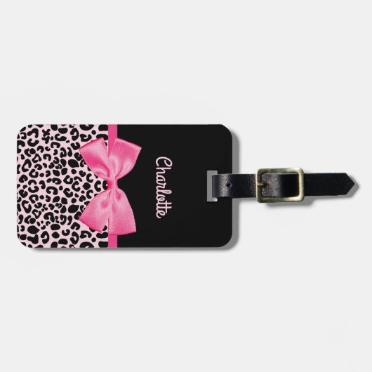 ガーリーなピンクの黒いヒョウのプリントのかわいい弓および名前 ラゲッジタグ (正面横)
