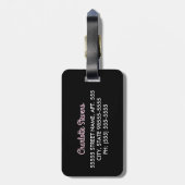 ガーリーなピンクの黒いヒョウのプリントのかわいい弓および名前 ラゲッジタグ (裏面縦)