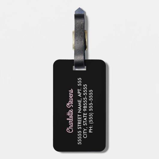 ガーリーなピンクの黒いヒョウのプリントのかわいい弓および名前 ラゲッジタグ (裏面縦)