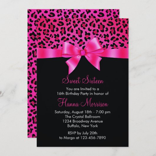 ガーリーなピンクの黒いヒョウのプリントのエレガントな菓子16 招待状 (正面/裏面)