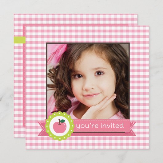 ガーリーなピンクのAppleの誕生会 招待状 (正面/裏面)