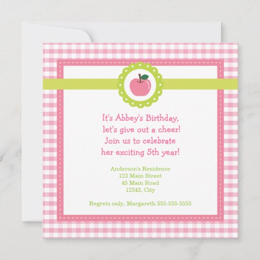 ガーリーなピンクのAppleの誕生会 招待状 (裏面)