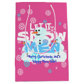 ガーリーなピンクはそれが粘着性のクリスマス人の雪だるまの雪が降るようにしました ミディアムペーパーバッグ (正面)